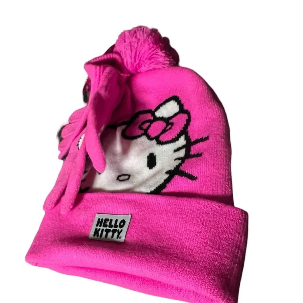 NWT Hello Kitty Pink Pom Pom Winter Hat Matching Mittens Set